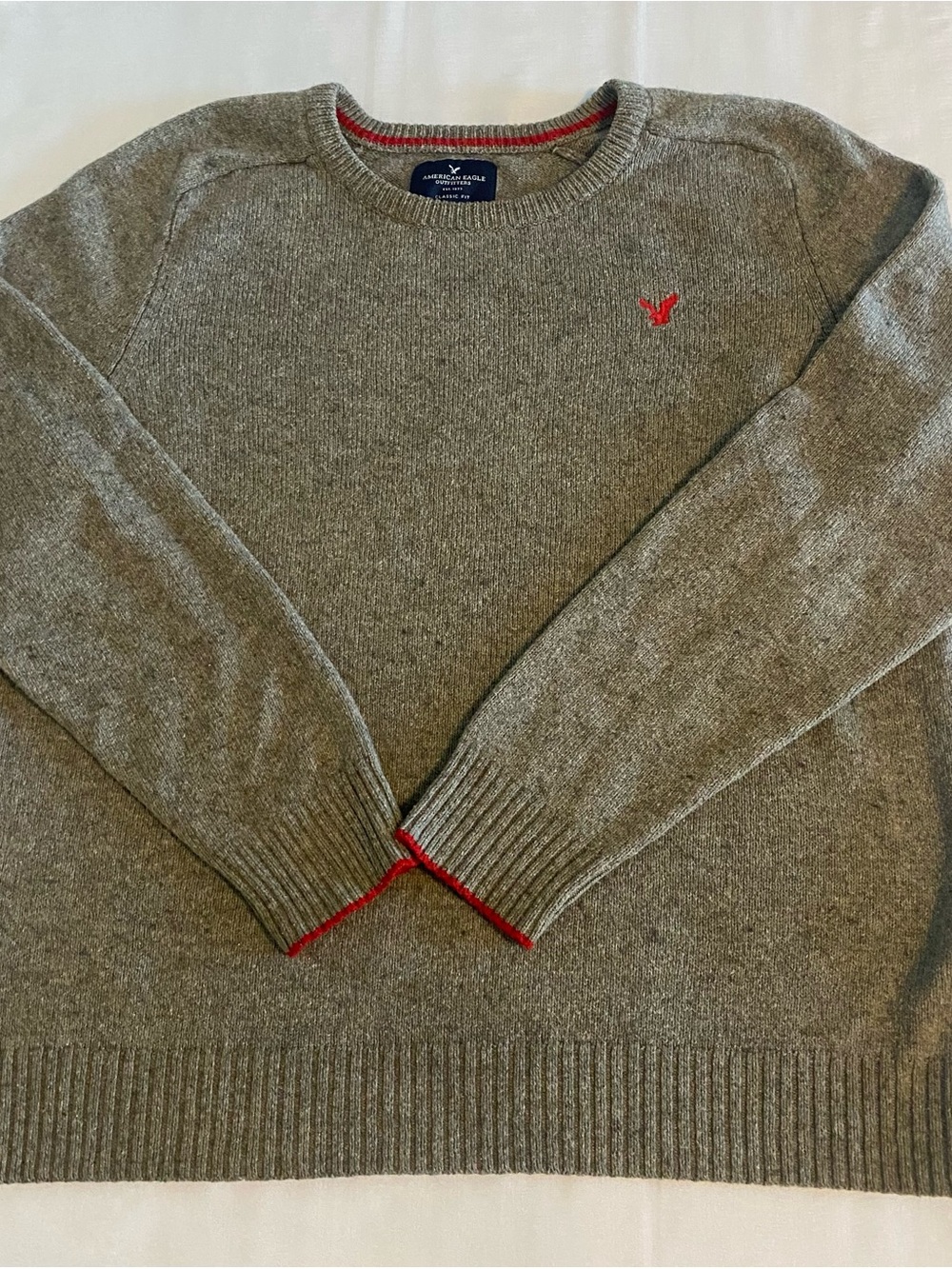 American Eagle Outfitters Grey Crewneck Sweater with Red Trim